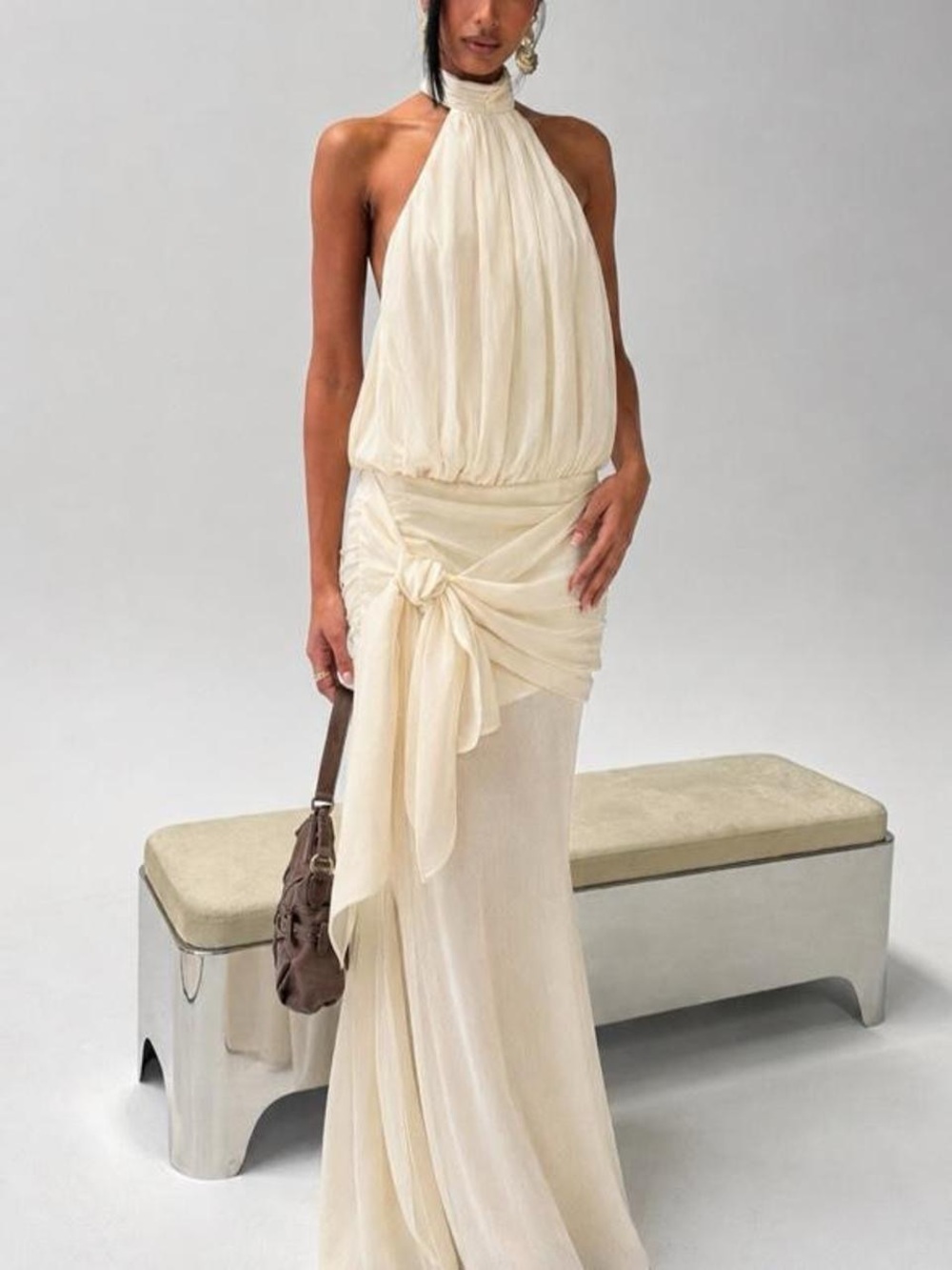 Princess Polly Cream Halter-Neck Maxi Dress